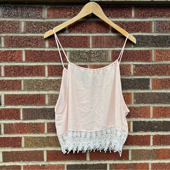 Staring at Stars Light Pink and Pink Crochet Lace Hem Spaghetti Strap Tank Top - Picture 1 of 4